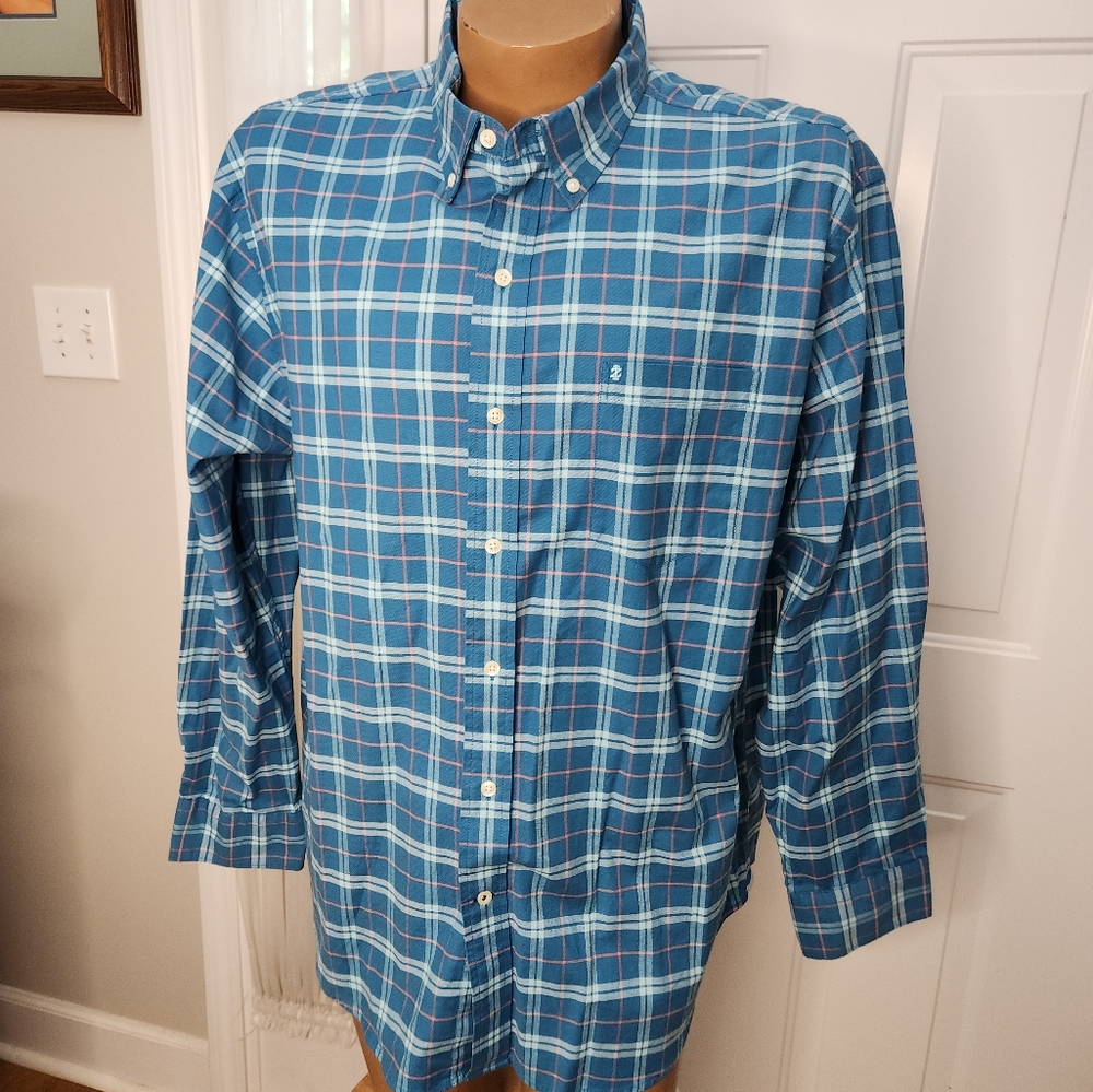 IZOD Saltwater Stretch Relaxed‎ Classics Long Sleeve Shirt Aqua n Pink  Size XXL